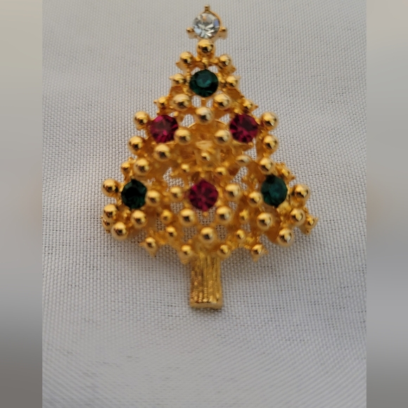 Vintage Womens Goldtone Christmas Brooch/Pin w/Red & Green Rhinestones - Picture 3 of 6